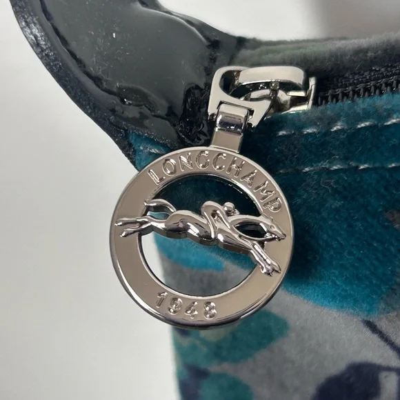 Longchamp tonal blue Floral Print Velvet Le Pliage Tote - Picture 2 of 5